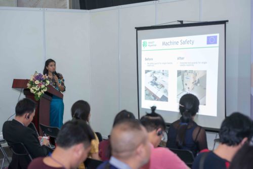 SMART social compliance expert May Mi Kyaw speaking at the exhibition.